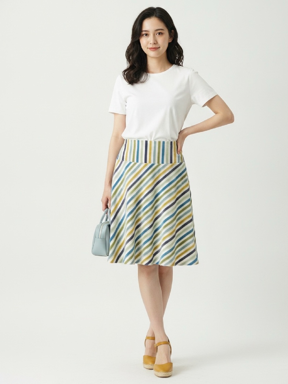 Sevier Skirts Striped A-Line Midi Skirt in Blue & Green